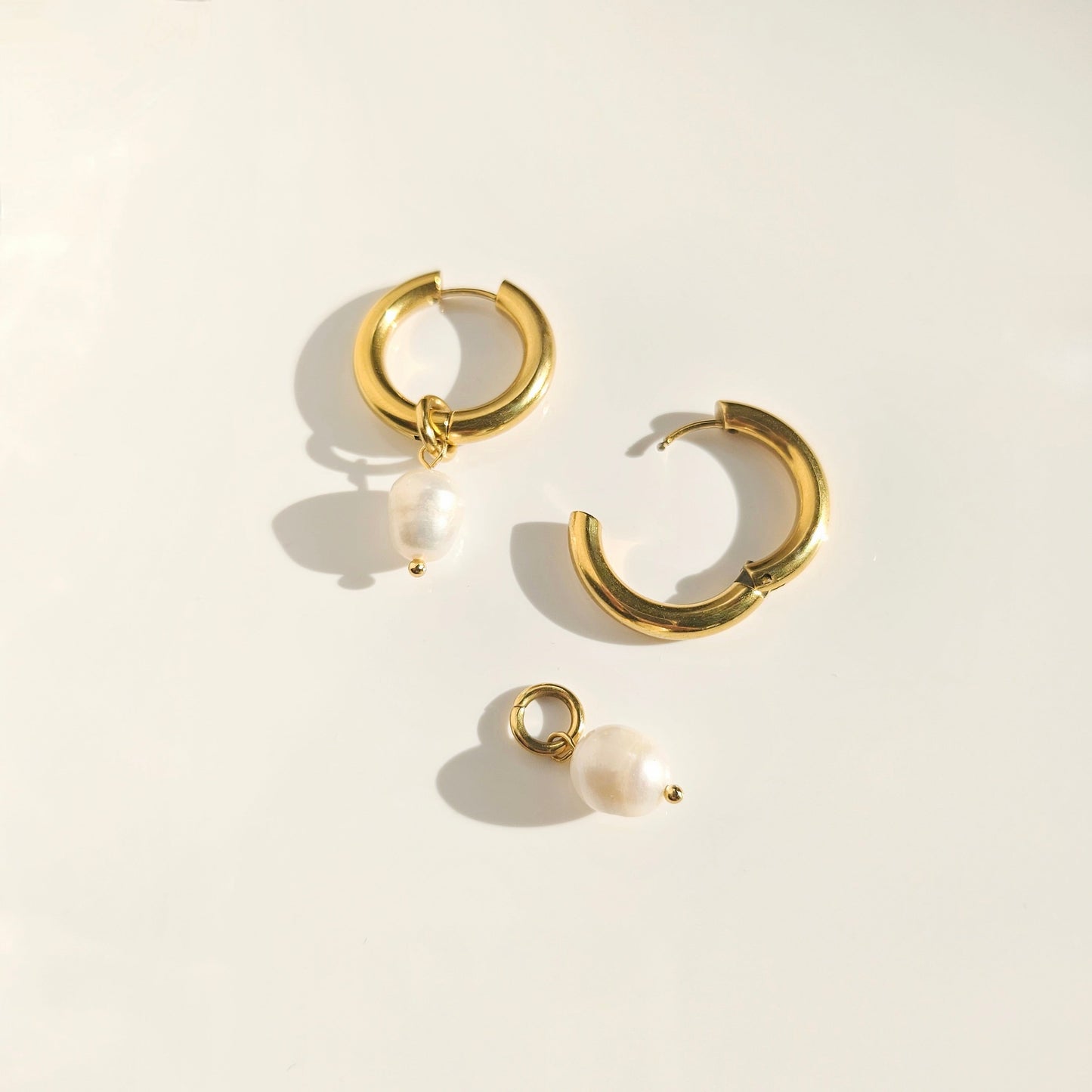 title:Convertible Natural Pearl Hoop Earrings;color:Gold