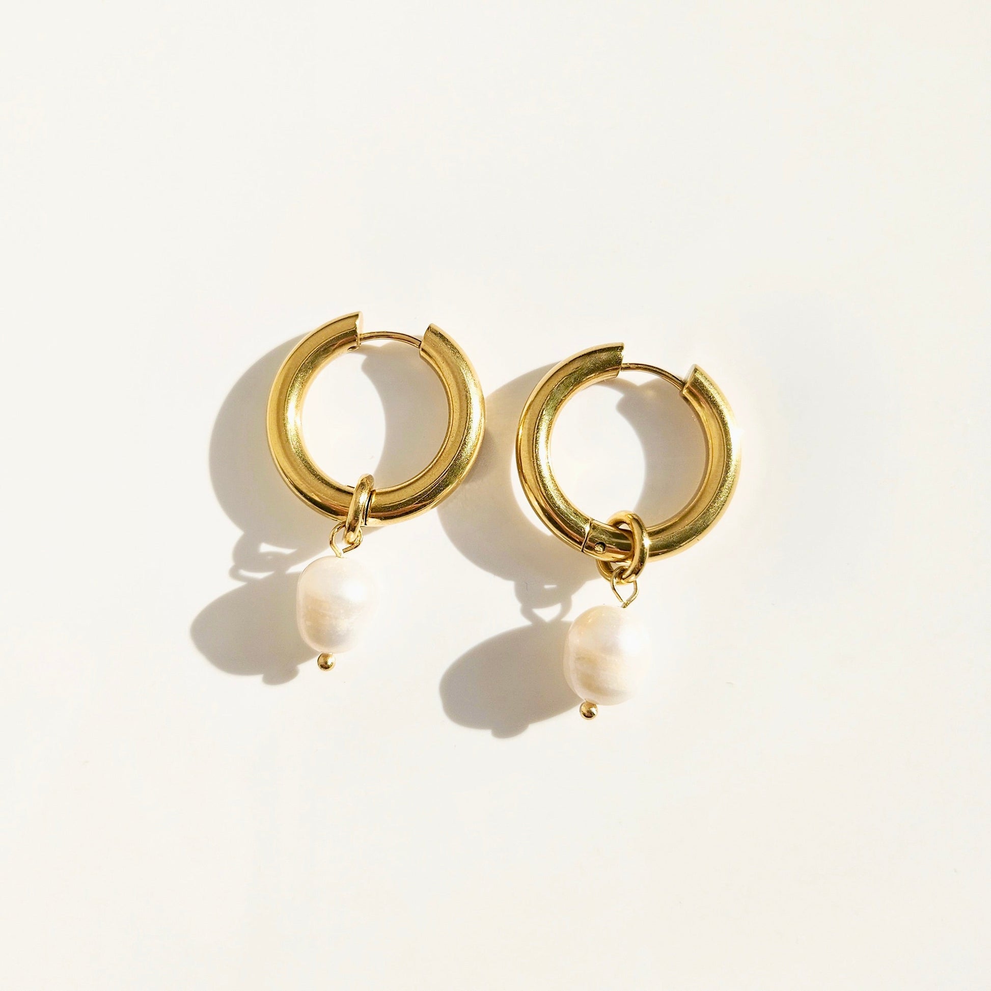 title:Convertible Natural Pearl Hoop Earrings;color:Gold