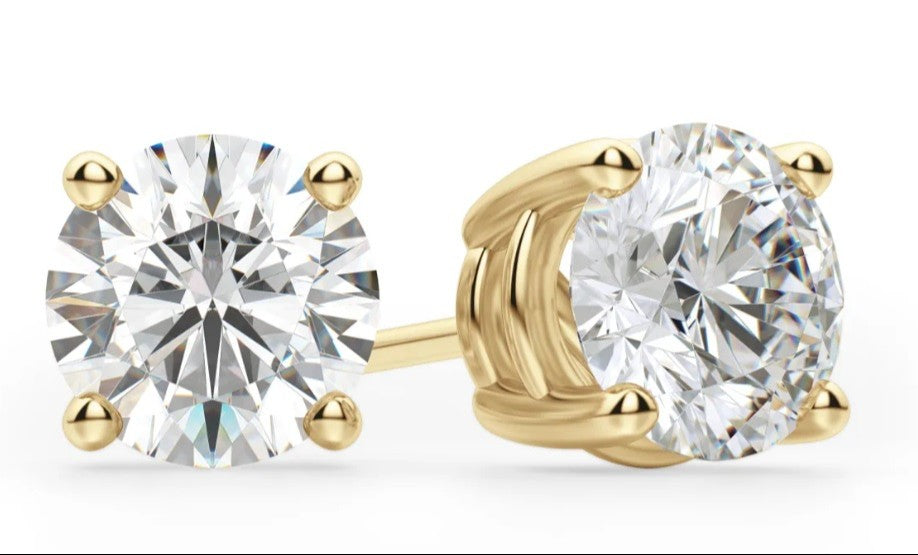 14K Yellow Gold Round Cut Stud 1Ct Diamond CZ Earrings - Tension Back, Basket Set