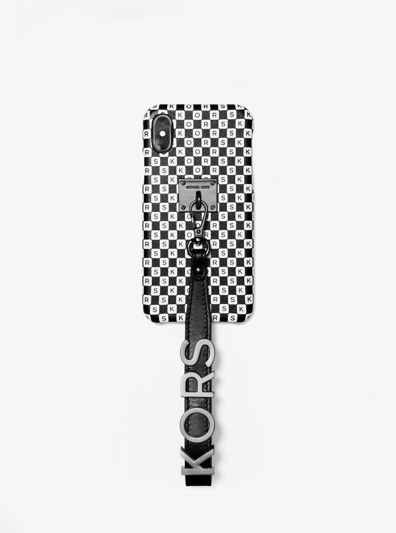 title:Michael Kors Women's Black & White 
Checkerboard Logo Leather Wristlet Case For iPhone X/XS;color:Black / White