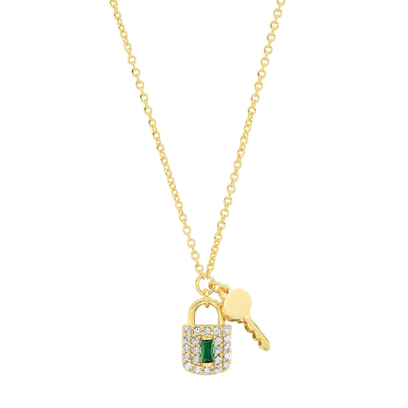 Lock and Key Necklace with Green Stone Accent