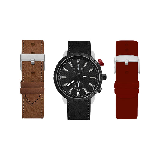 Men's Round Black Case Analog Watch with Burgundy, Brown, and Black Interchangeable Straps