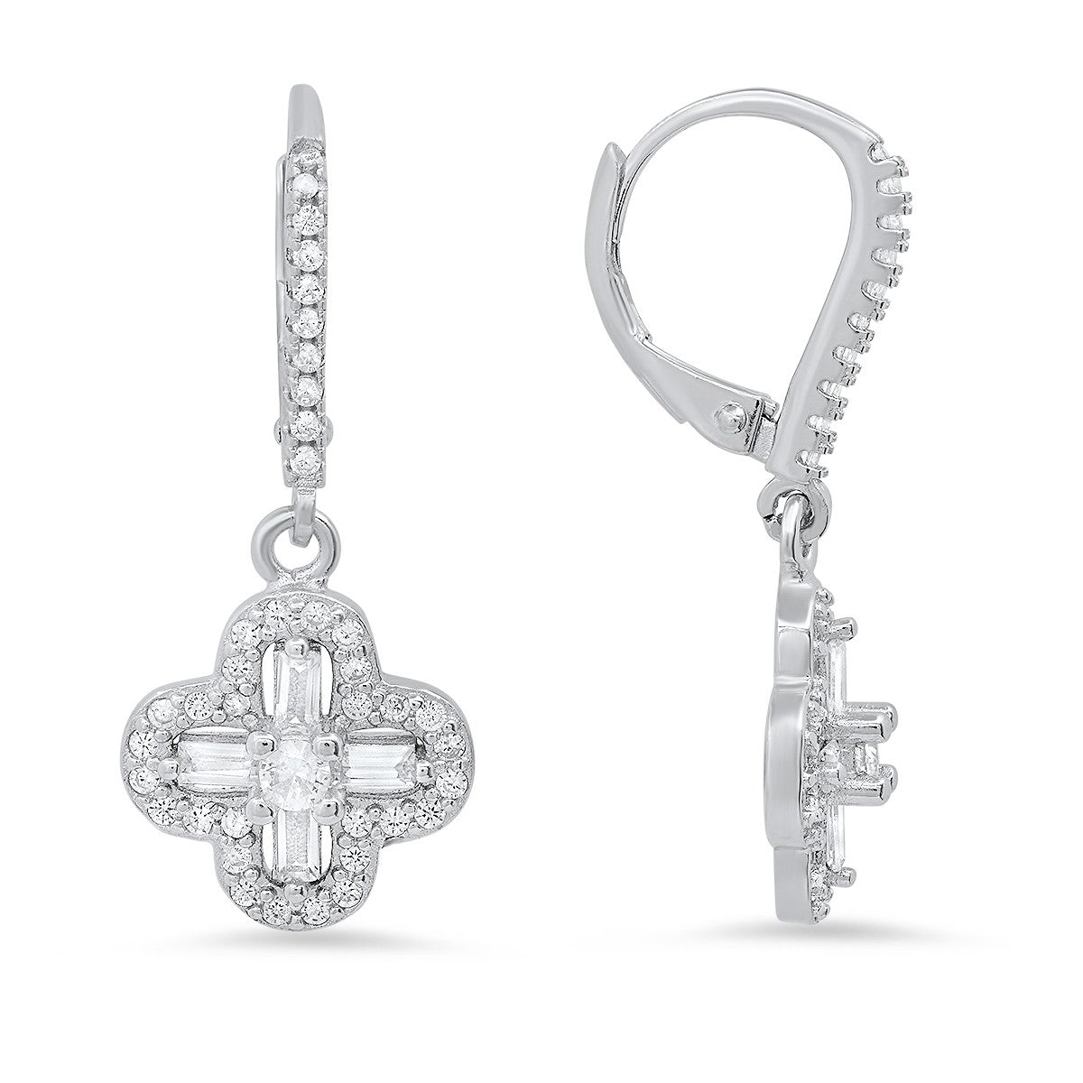 Sterling Silver Baguette-cut Clover Dangle CZ Leverback Earrings - Ruumur