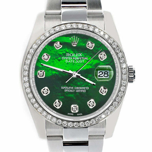 title:Rolex Datejust 36MM Steel Oyster/Custom Diamond Bezel/Green TFJ-142508723;color:not applicable