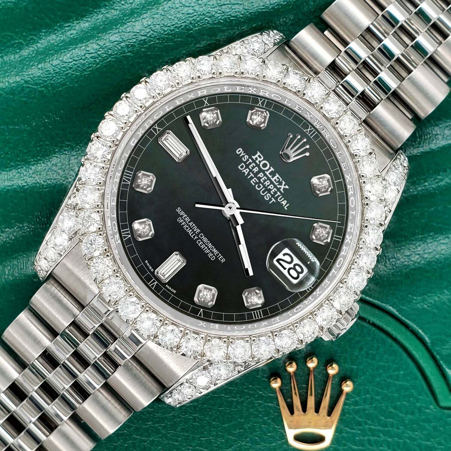 title:Rolex Datejust  36mm 4CT Diamond Bezel/Lugs/Black MOP 6+9 Baguette Dial TFJ-142508631;color:not applicable