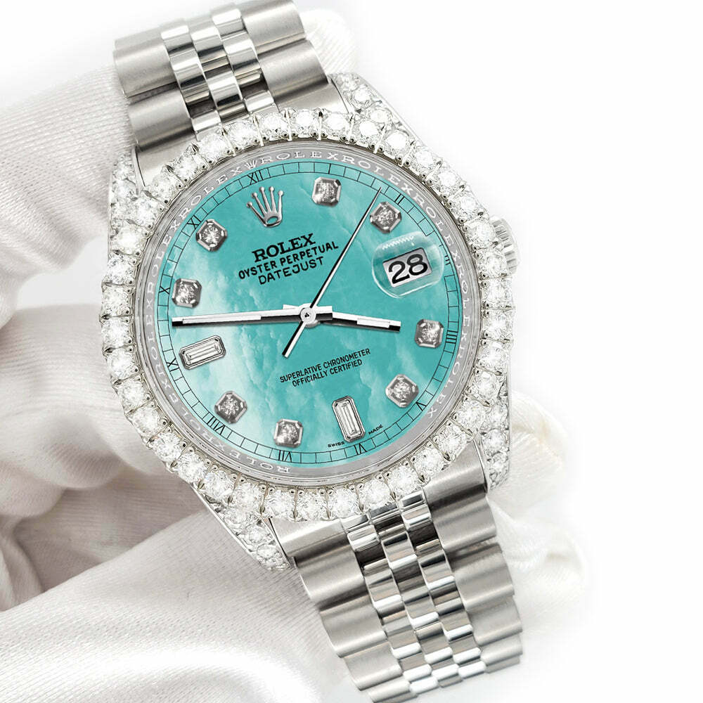 title:Rolex Datejust 116200 36mm 4CT Diamond Bezel/Lugs/Aquamarine MOP 6+9 Baguette TFJ-142508627;color:not applicable