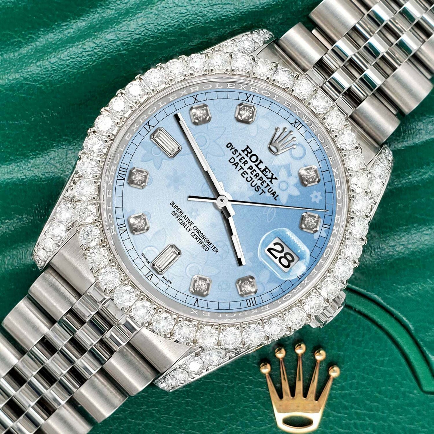 title:Rolex Datejust  36mm 4CT Diamond Bezel/Lugs/Blue Flower 6+9 Baguette Dial  TFJ-142508608;color:not applicable