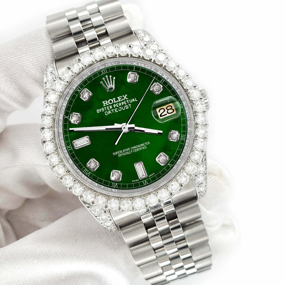 title:Rolex Datejust 116200 36mm 4CT Diamond Bezel/Lugs/Forest Green 6+9 Baguette  TFJ-142508607;color:not applicable