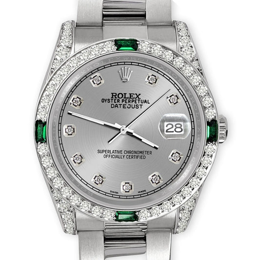 title:Rolex Datejust 36mm Steel Watch Diamonds &amp; Emeralds Bezel/Lugs/Gray Diamond Dial TFJ-142508506;color:not applicable