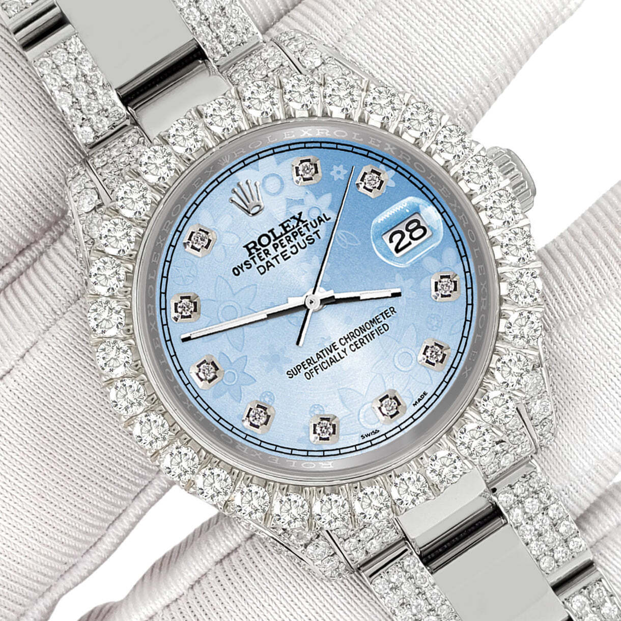 title:Rolex Datejust 31mm Pave 7.2ct Iced Diamond Blue Flower Track Watch  TFJ-142508465;color:not applicable