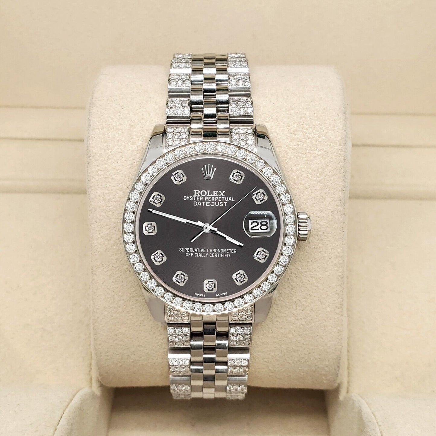 title:Rolex Datejust Midsize 31mm 3.3ct Diamond Bezel/Bracelet/Rhodium Gray Dial Watch TFJ-142508201;color:not applicable