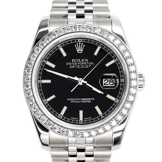 title:Rolex Datejust 36MM Black Stick Dial Watch with 2CT Custom Diamond Bezel   TFJ-142507974;color:not applicable