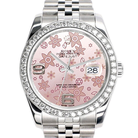 title:Rolex Datejust 36MM Pink Floral Dial Watch with 2CT Custom Diamond Bezel   TFJ-142507968;color:not applicable