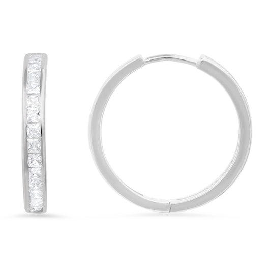 Sterling Silver Princess-cut CZ Hoop Earrings - Ruumur