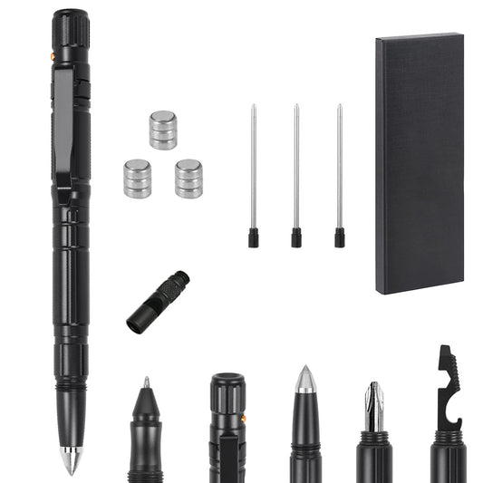 title:11 In 1 Tactical Pen Gear Set Multi-tool Survival Pen Set Cool Gadget Gift for Men EDC Glass Breaker LED Flashlight Ballpoint Pen Whistle Ink Refills;color:Black