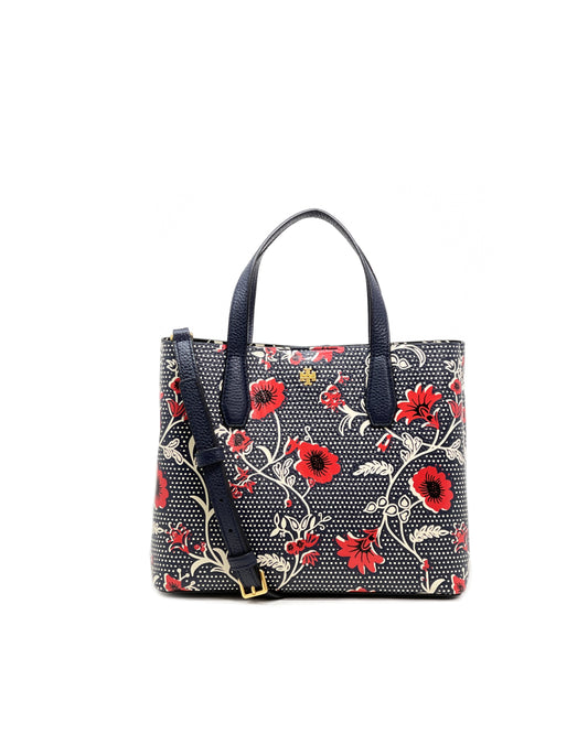 title:Tory Burch Navy Red Blake Printed Small Tote;color:Navy Red