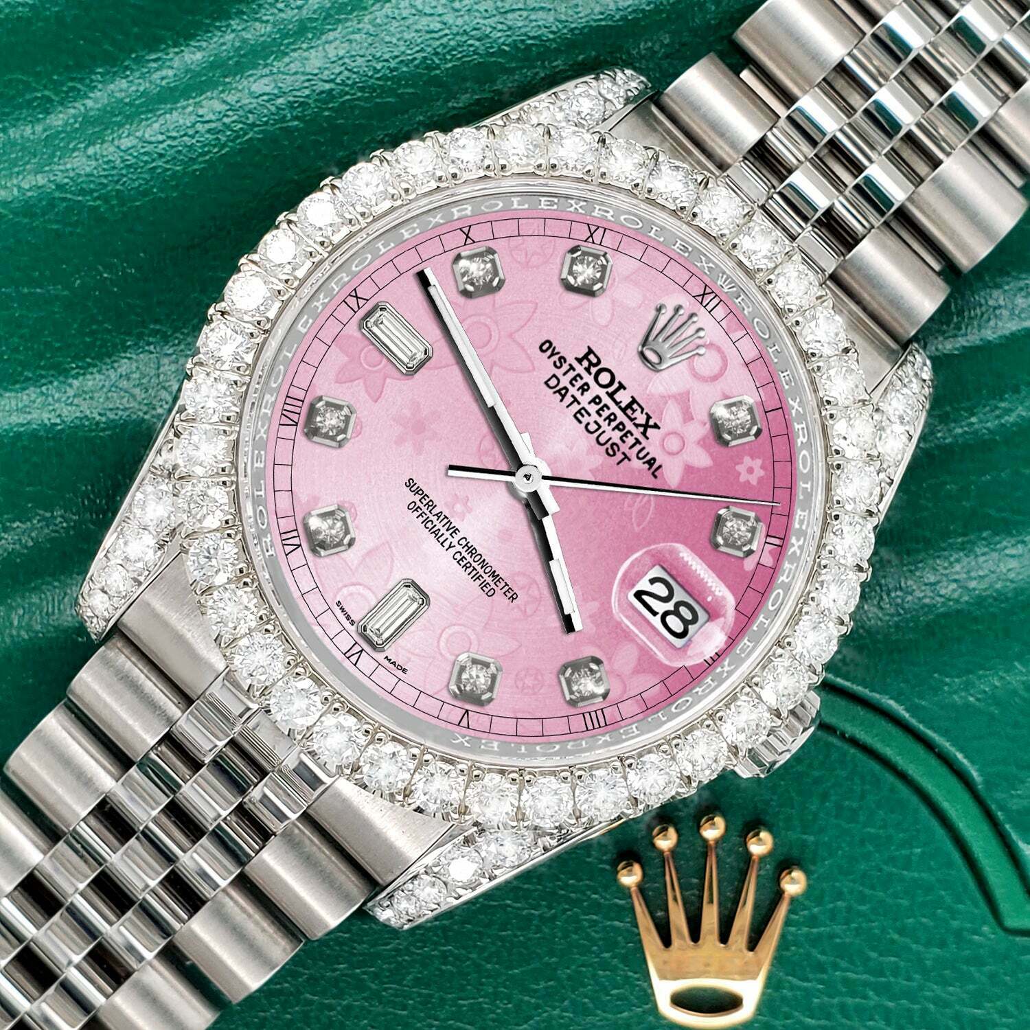 title:Rolex Datejust  36mm 4CT Diamond Bezel/Lugs/Pink Flower 6+9 Baguette Dial  TFJ-142508634;color:not applicable