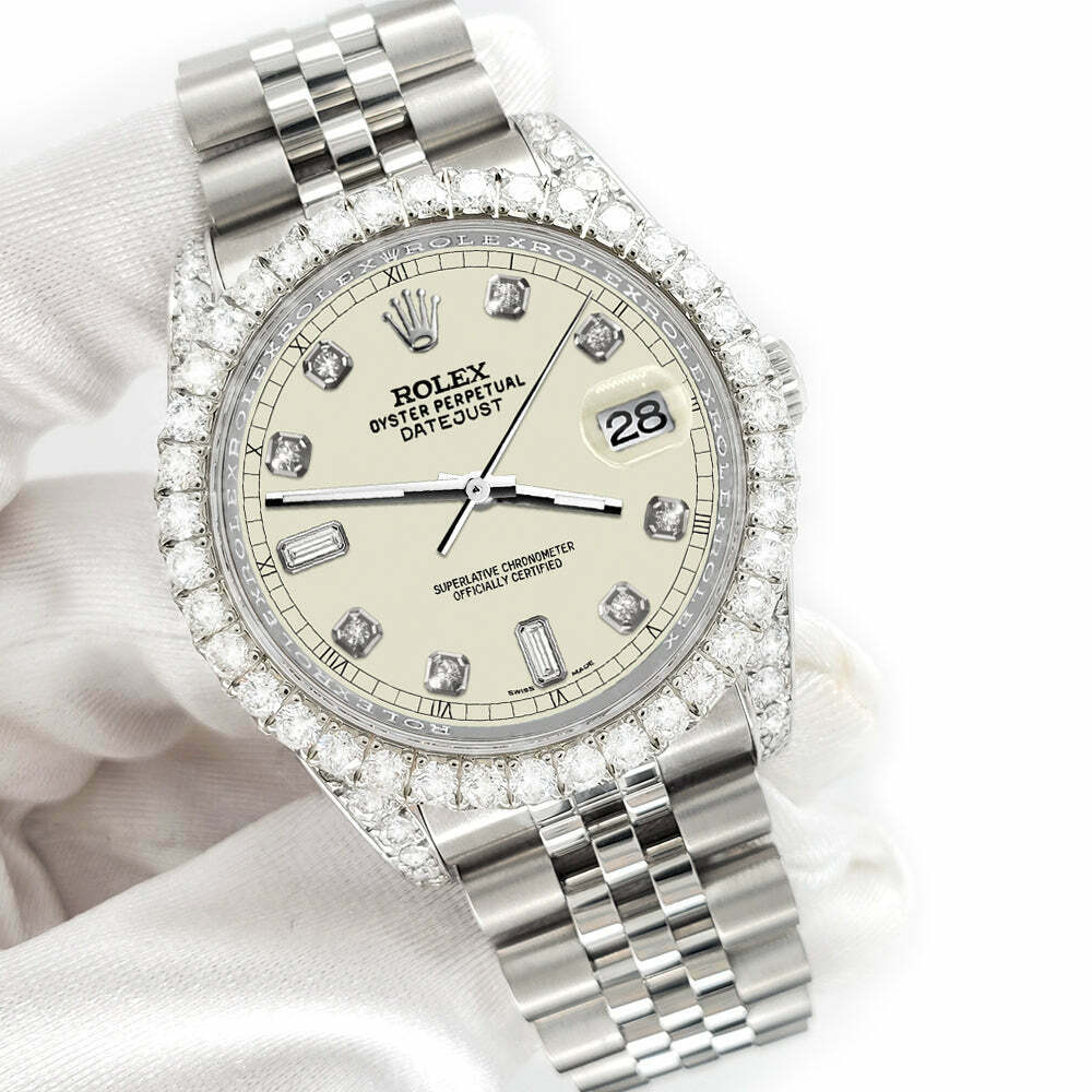 title:Rolex Datejust 116200 36mm 4CT Diamond Bezel/Lugs/Satin Linen 6+9 Baguette Dial TFJ-142508615;color:not applicable