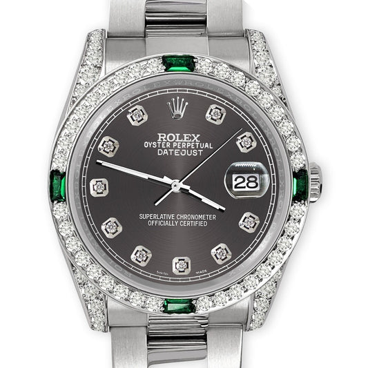 title:Rolex Datejust 36mm Steel Watch Diamonds &amp; Emeralds Bezel/Lugs/Rhodium Gray Dial TFJ-142508494;color:not applicable