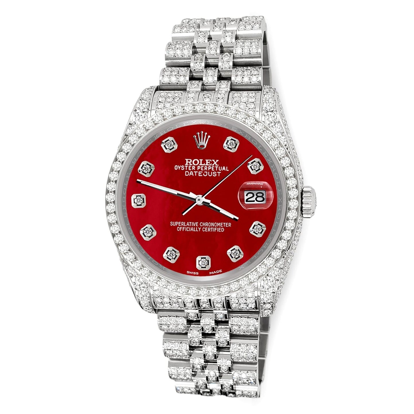 title:Rolex Datejust 36mm 10.2ct Iced Diamond Red MOP Jubilee Watch TFJ-142508335;color:not applicable