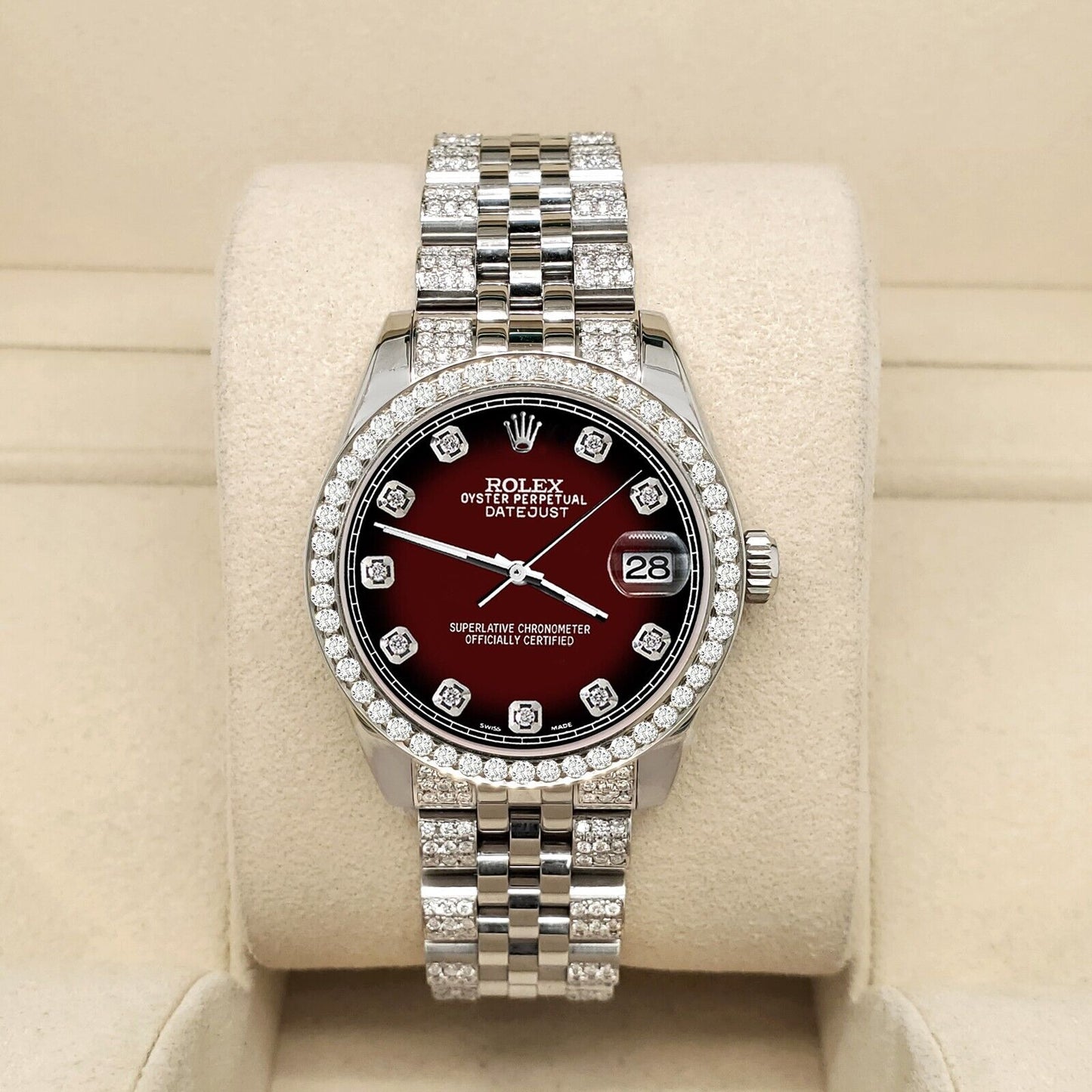 title:Rolex Datejust Midsize 31mm 3.30ct Diamond Bezel/Bracelet/Maroon Vignette Watch TFJ-142508191;color:not applicable