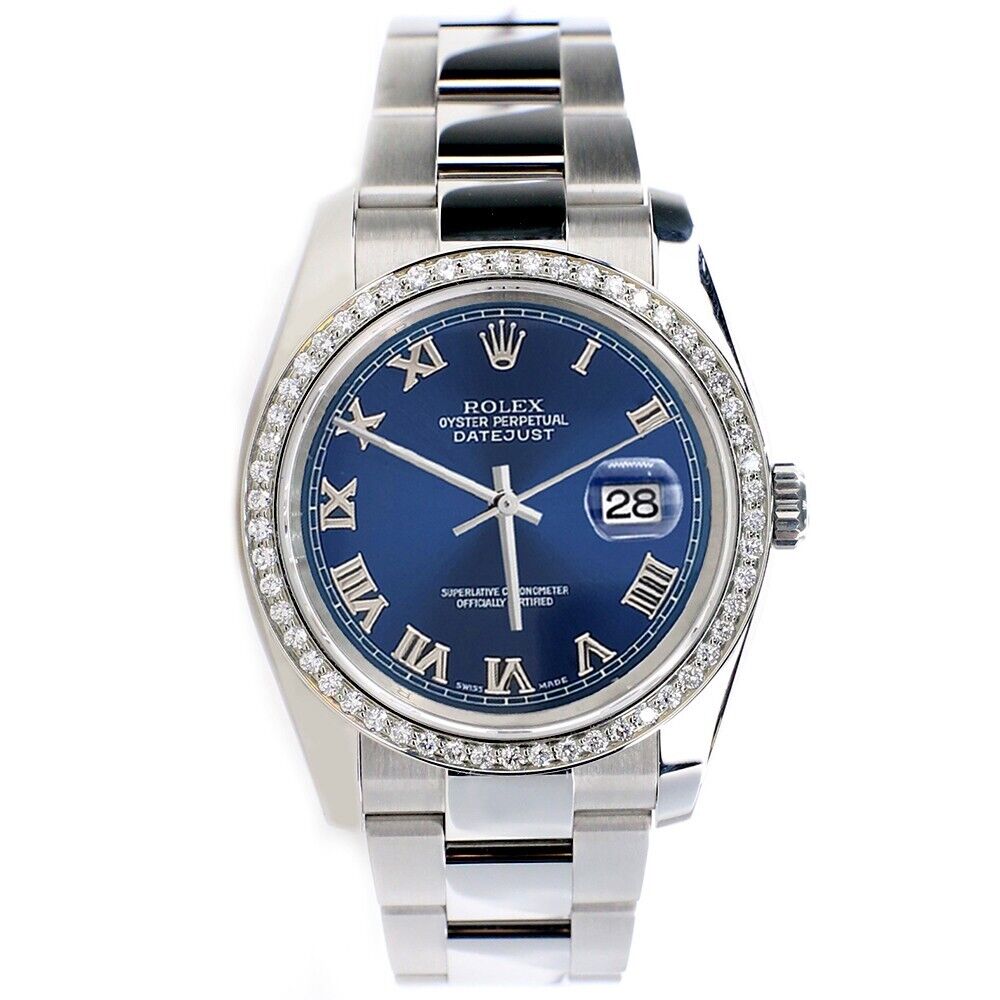 title:Rolex Datejust 36MM Blue Roman Dial Steel Watch with Custom Diamond Bezel   TFJ-142507986;color:not applicable