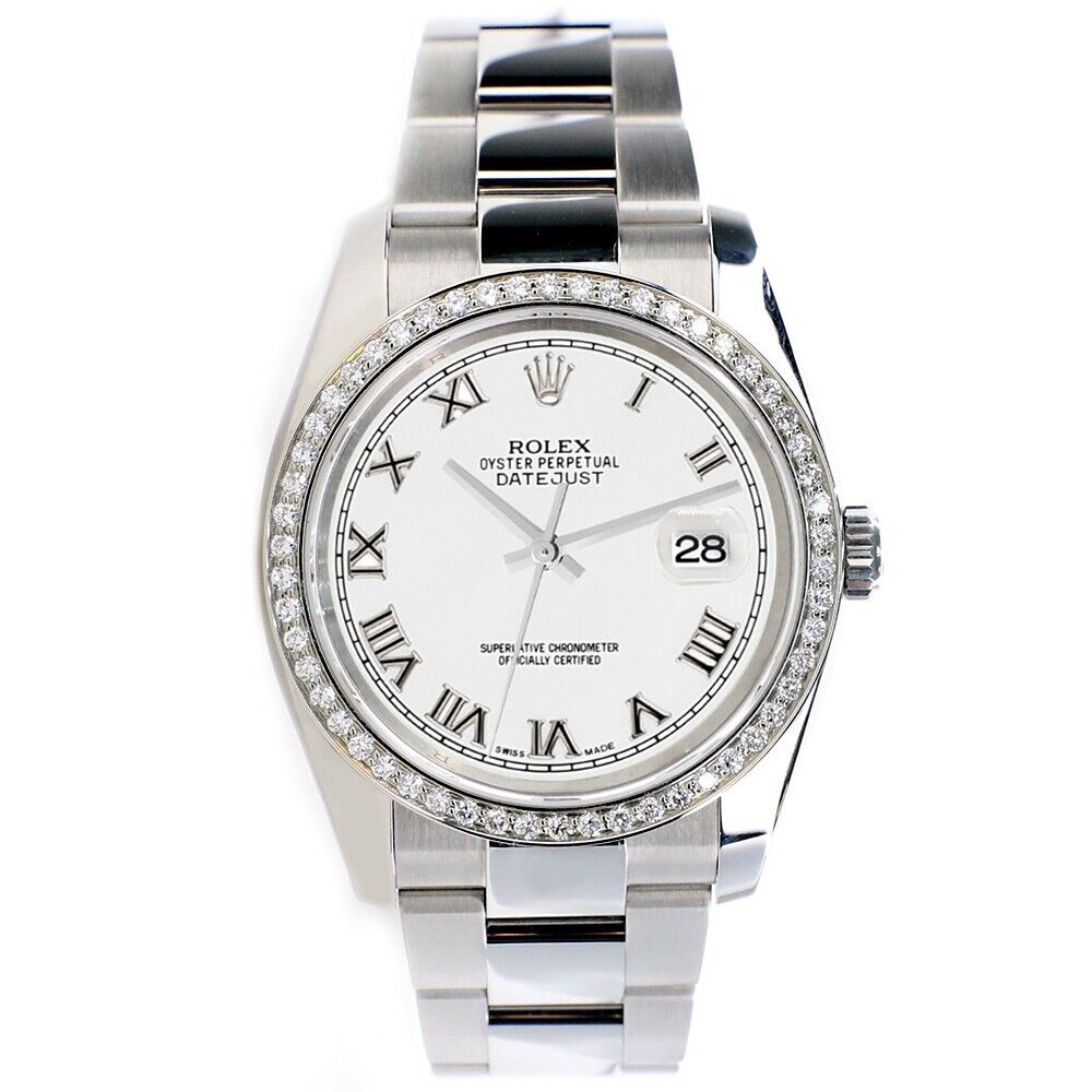 title:Rolex Datejust 36MM White Roman Dial Watch with Custom Diamond Bezel   TFJ-142507981;color:not applicable