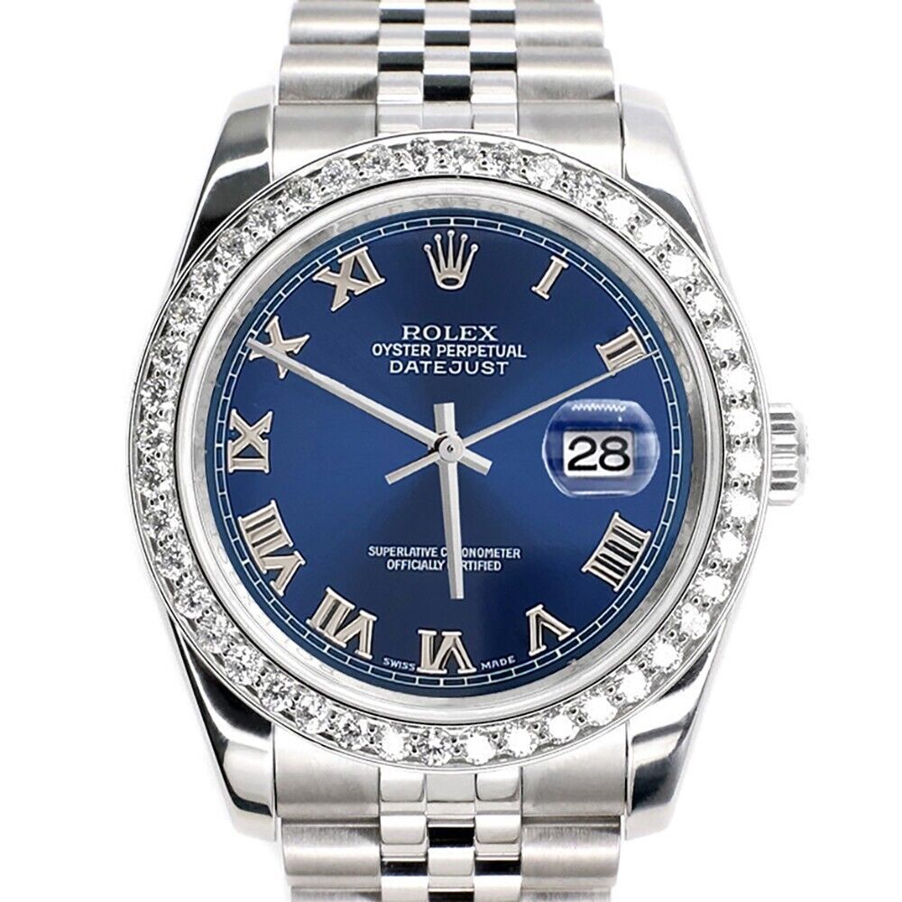 title:Rolex Datejust 36MM Blue Roman Dial Watch with 2CT Custom Diamond Bezel   TFJ-142507970;color:not applicable