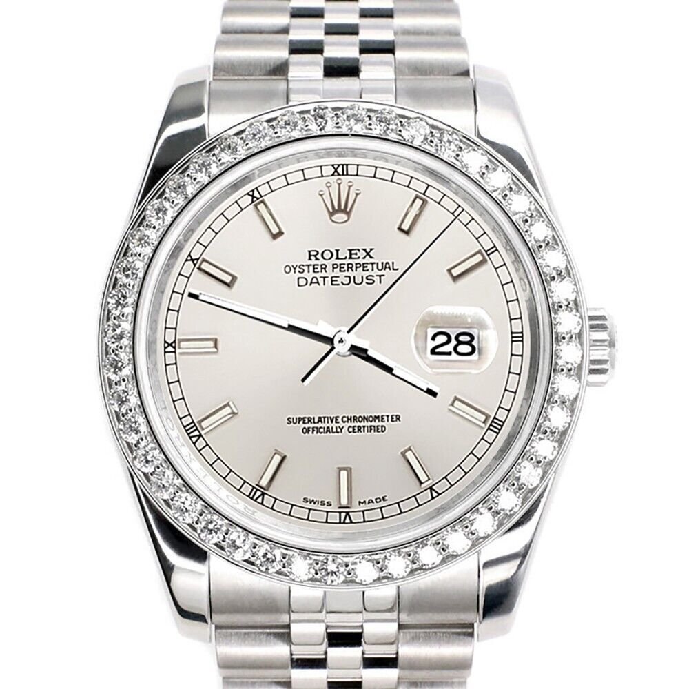 title:Rolex Datejust 36MM Silver Stick Dial Watch with 2CT Custom Diamond Bezel   TFJ-142507966;color:not applicable