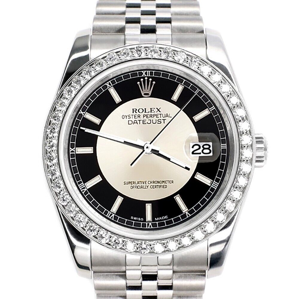 title:Rolex Datejust 36MM Black/Silver Dial Watch with 2CT Custom Diamond Bezel  TFJ-142507964;color:not applicable