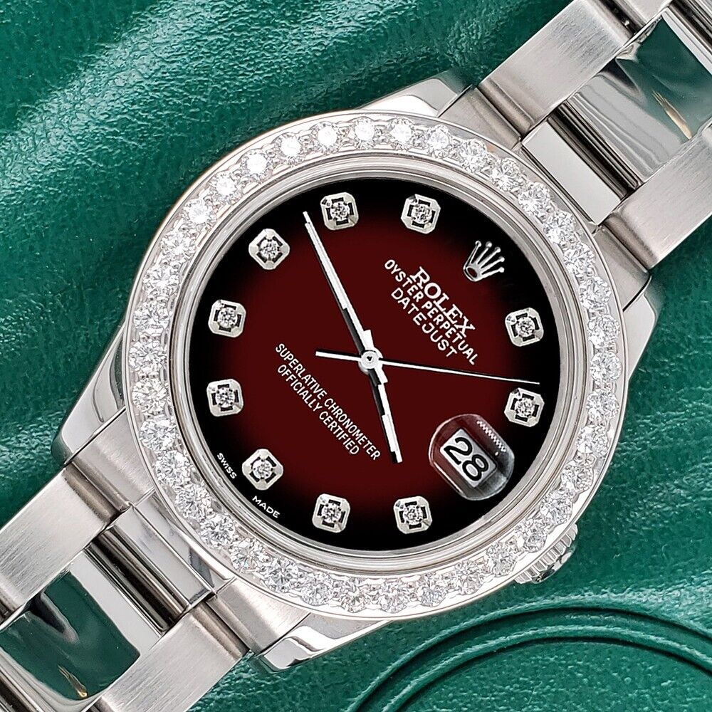 title:Rolex Datejust Midsize 31mm 1.52ct Bezel/Maroon Vignette Dial Steel Oyster Watch TFJ-142507874;color:not applicable