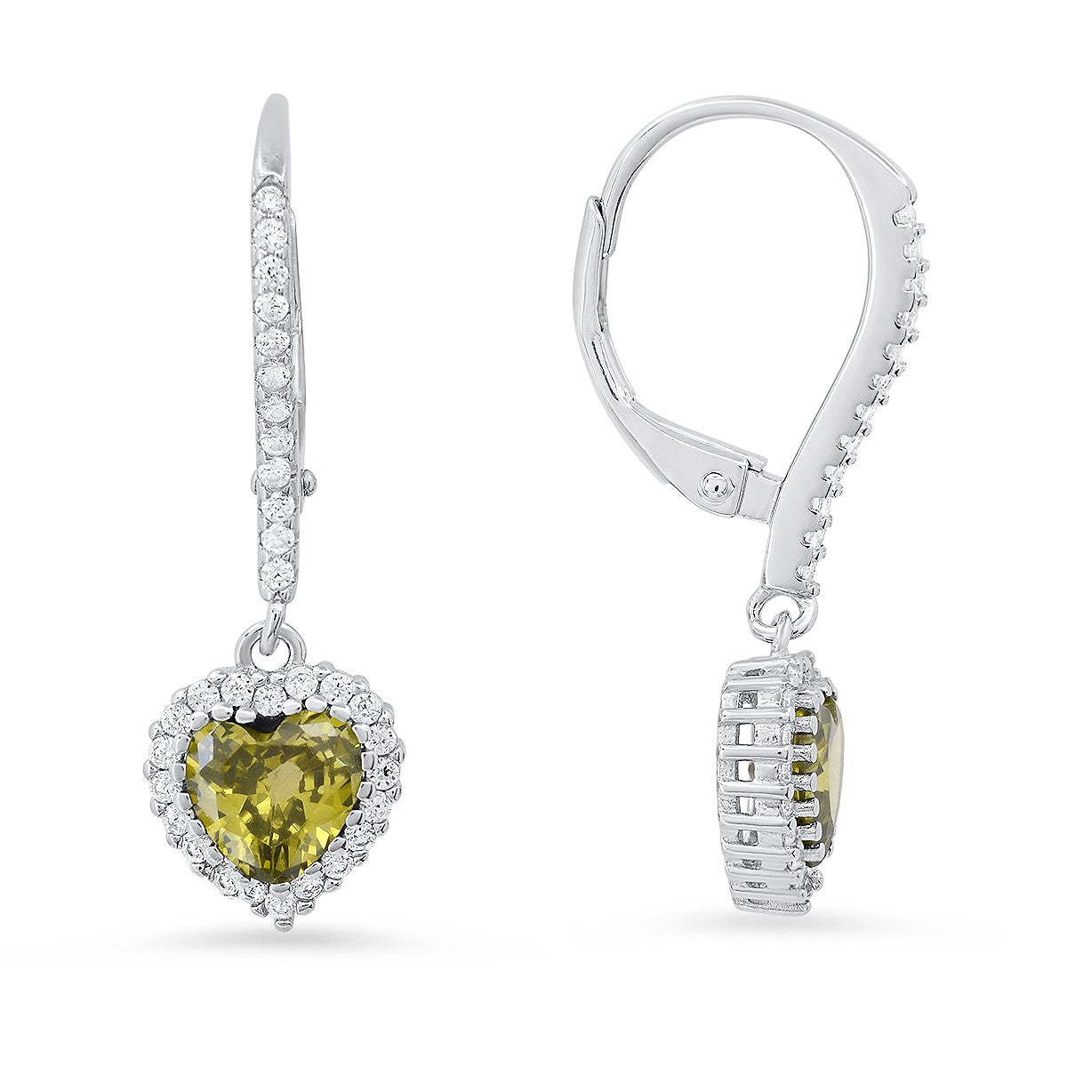 Sterling Silver Heart-cut Birthstone CZ Halo Leverback Earrings - Ruumur