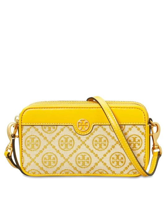 title:Tory Burch Goldfinch T Monogram Jacquard Double-Zip Mini Bag;color:Goldfinch