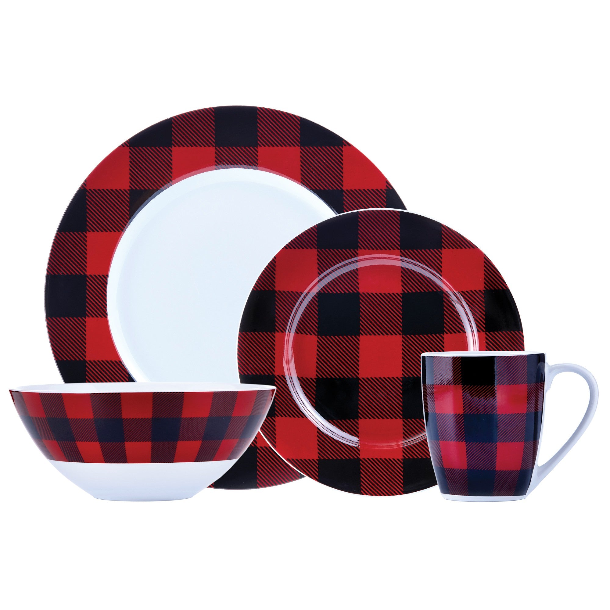 title:Safdie & Co. Dinnerset 16PC Buffalo Plaid Red/Black;color:Red