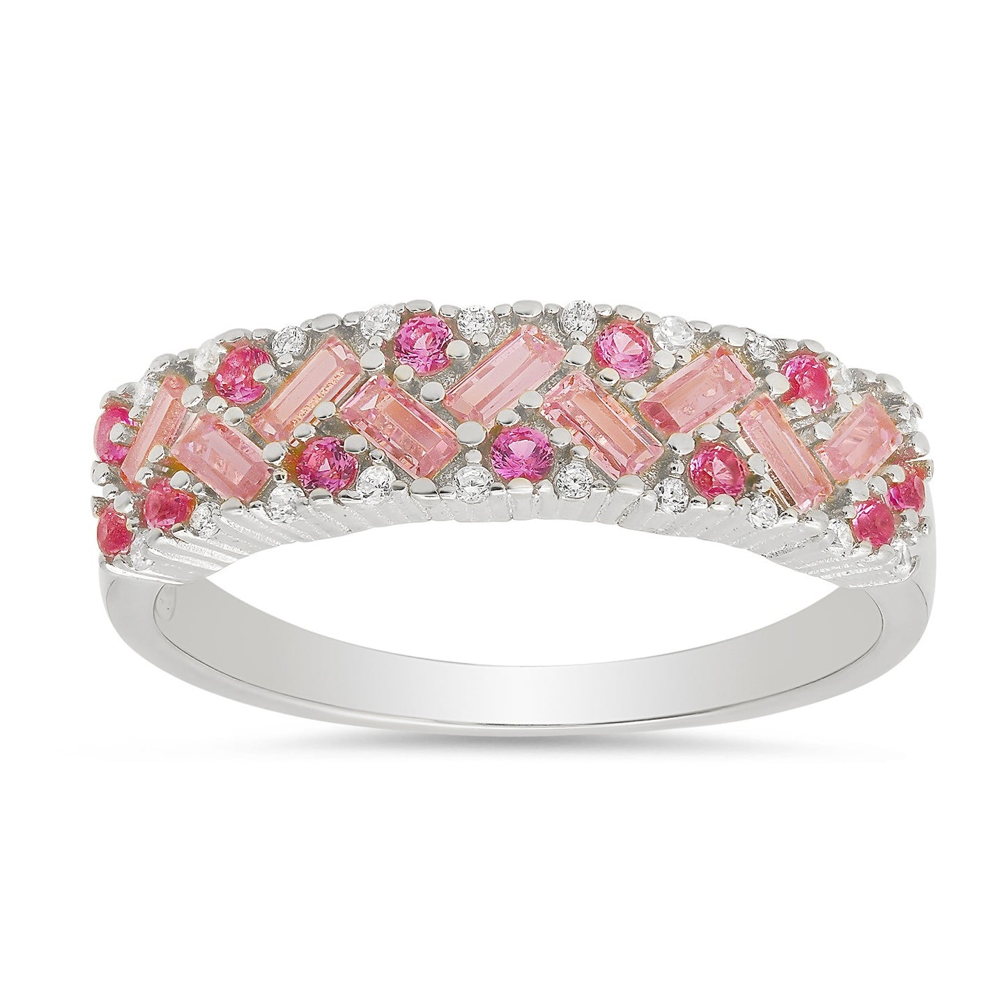 Sterling Silver Pink Sapphire CZ Ombre Baguette-cut Band Ring