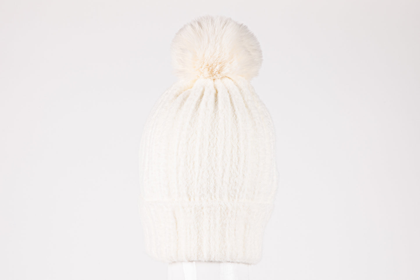 di firenze Rib Knit Hat With Faux Fur Pom Pom