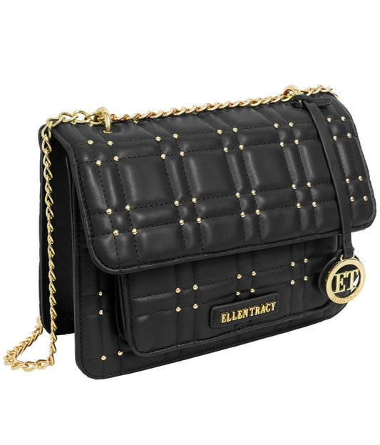 title:Ellen Tracy Studded Smooth Squared Quilted Satchel Bag ETH2183-001-BK;color:001-BLACK