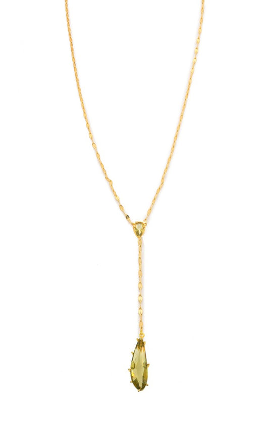 title:Y Necklace with Tear Shaped Drop;color:Gold/Olive