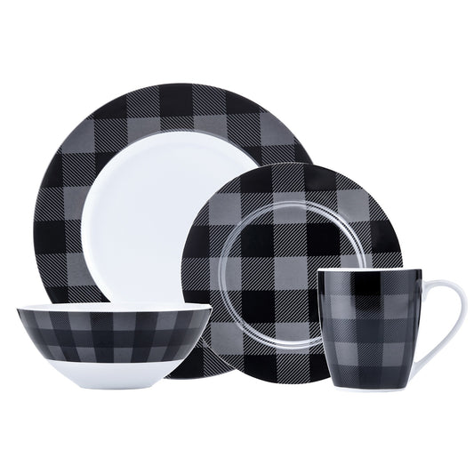 title:Safdie & Co. Dinnerset 16PC Buffalo Plaid Grey/Black;color:Grey