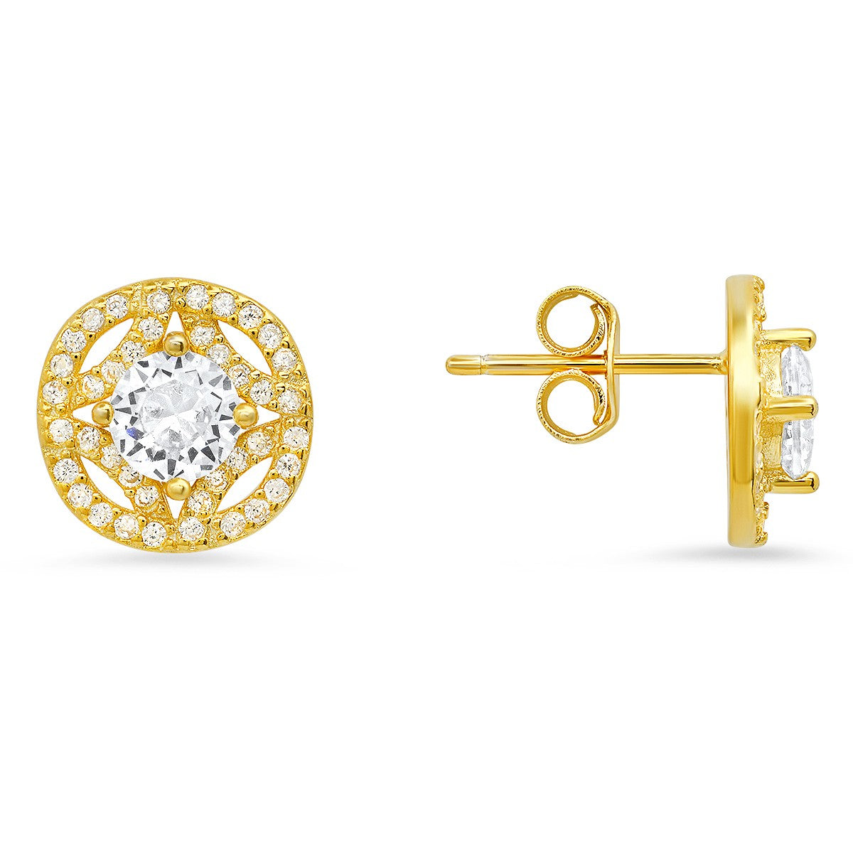 title:Sterling Silver Vintage Halo CZ Stud Earrings;color:Gold