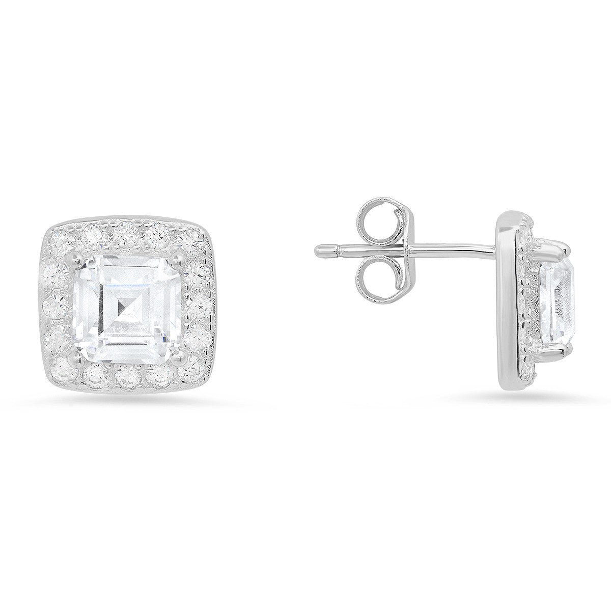 title:Sterling Silver Asscher-cut Halo CZ Stud Earrings;color:Silver