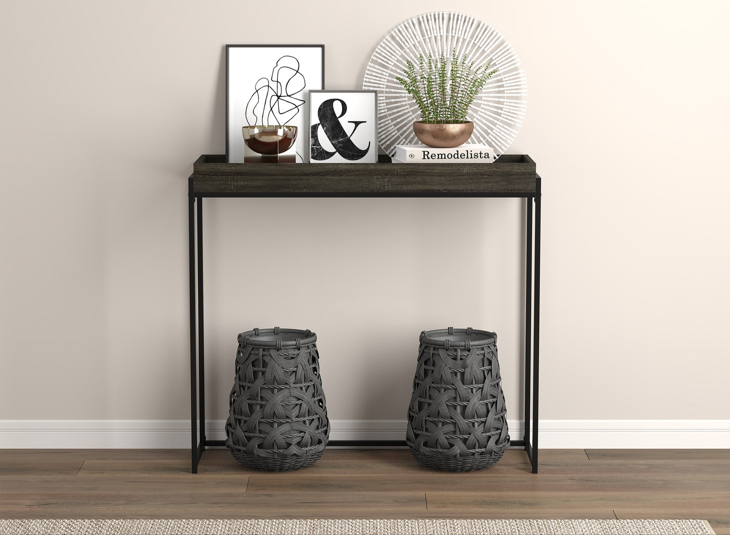 Safdie & Co. Console Table 39.5" Dark Grey Sunken Tray, Entryway or Sofa Table for Living Room