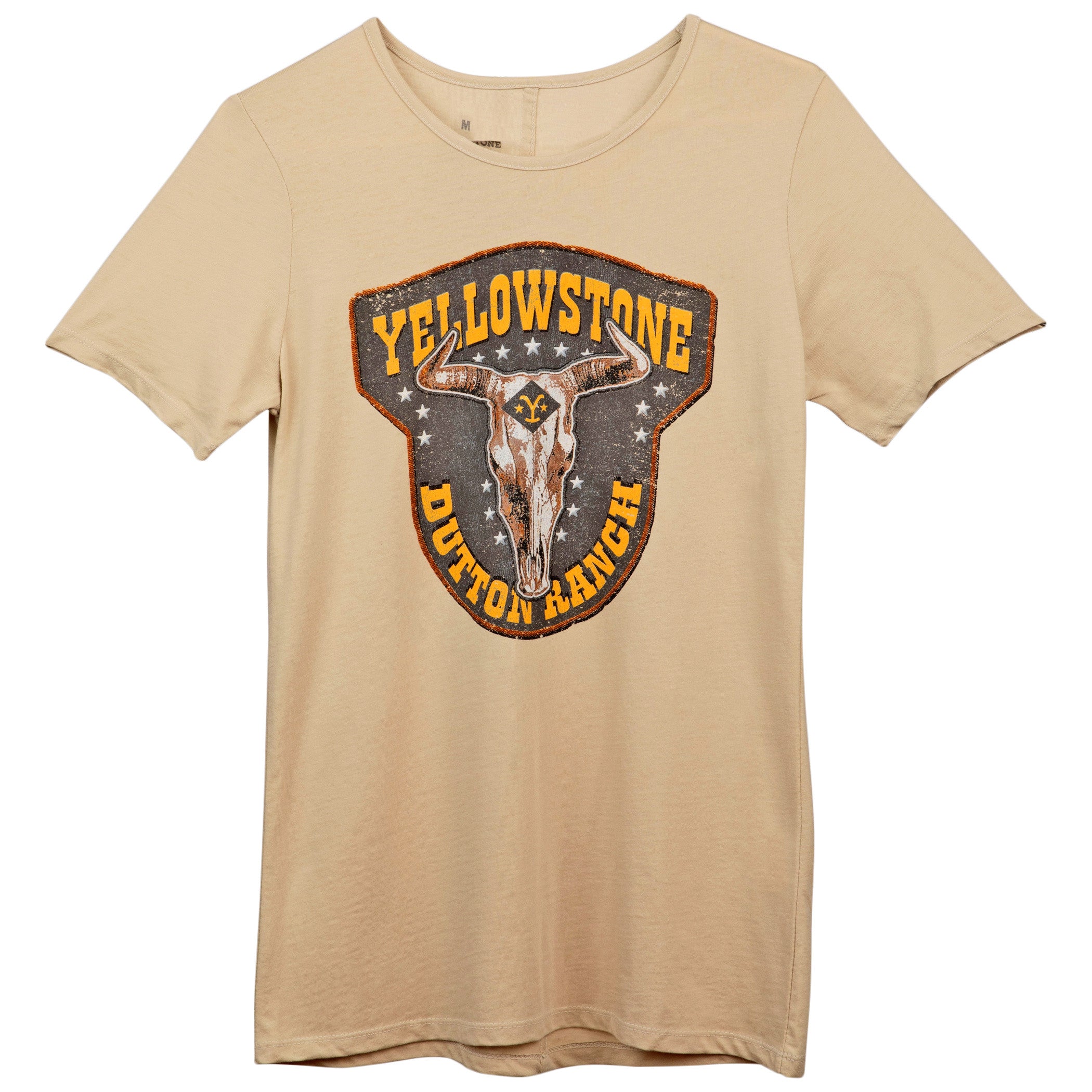title:Yellowstone Dutton Ranch Distressed Cattle Head Emblem T-Shirt;color:Beige