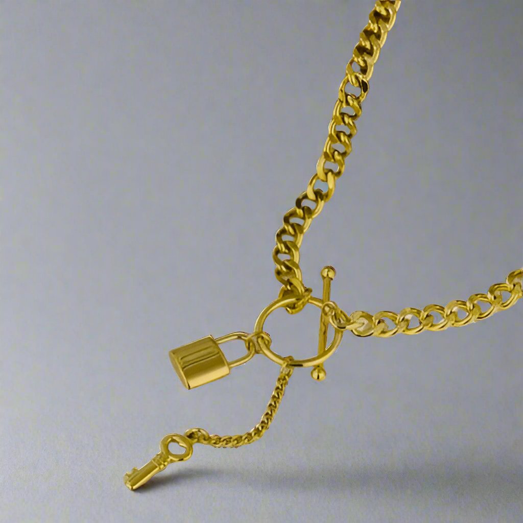 title:Padlock & Key Statement Necklace with Front Toggle Closure;color:Gold