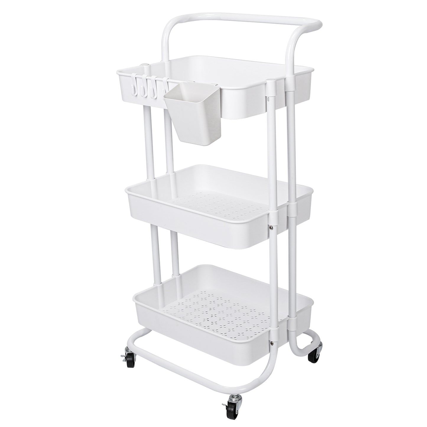 title:3 Tier Rolling Utility Cart Movable Storage Organizer with Mesh Baskets Lockable Wheels 360 Degree Rotatable Hanging Box Hooks Bedroom Bathroom Kitche;color:White