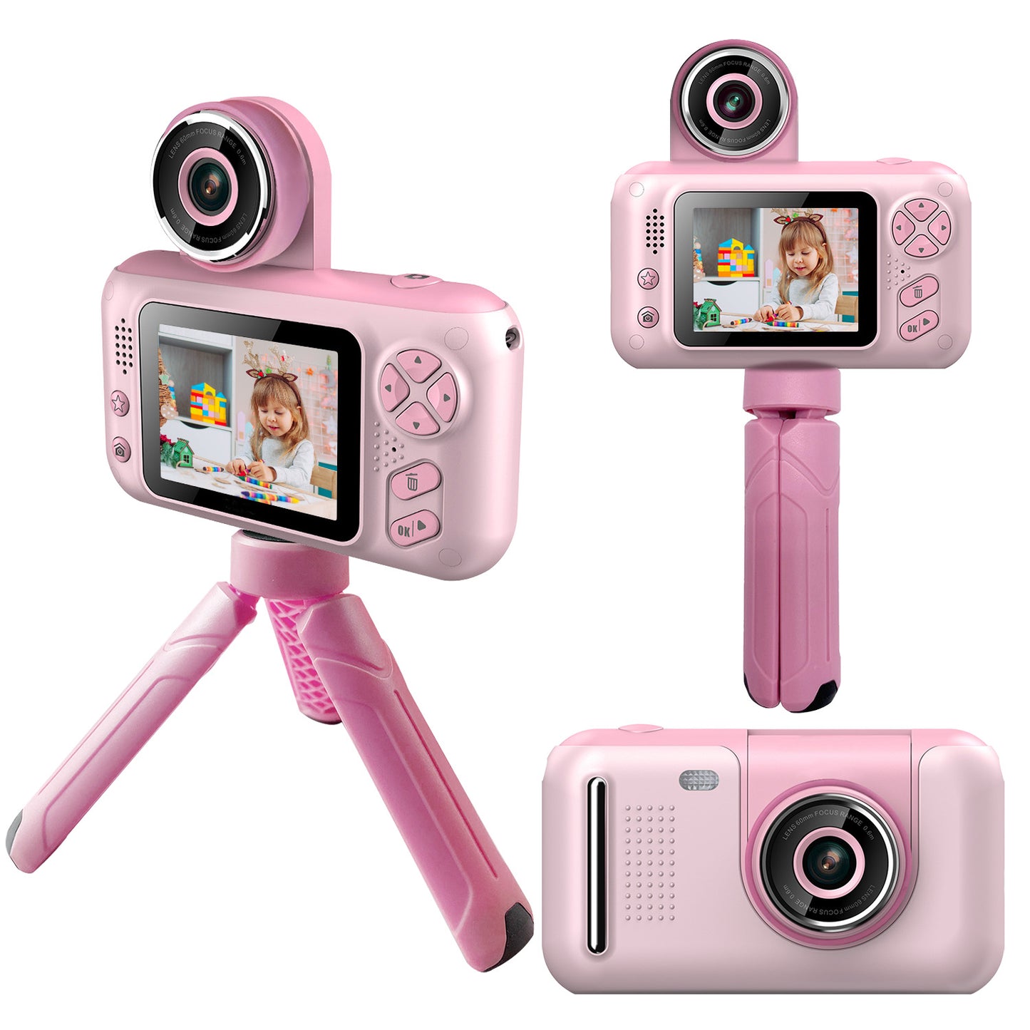 title:Fresh Fab Finds Kids Digital Camera with Flip Lens Children Video Camcorder Christmas Toy Birthday Gifts with Tripod 2.4in Screen 32G MMC Card for 3-10 Year Old Boys;color:Pink