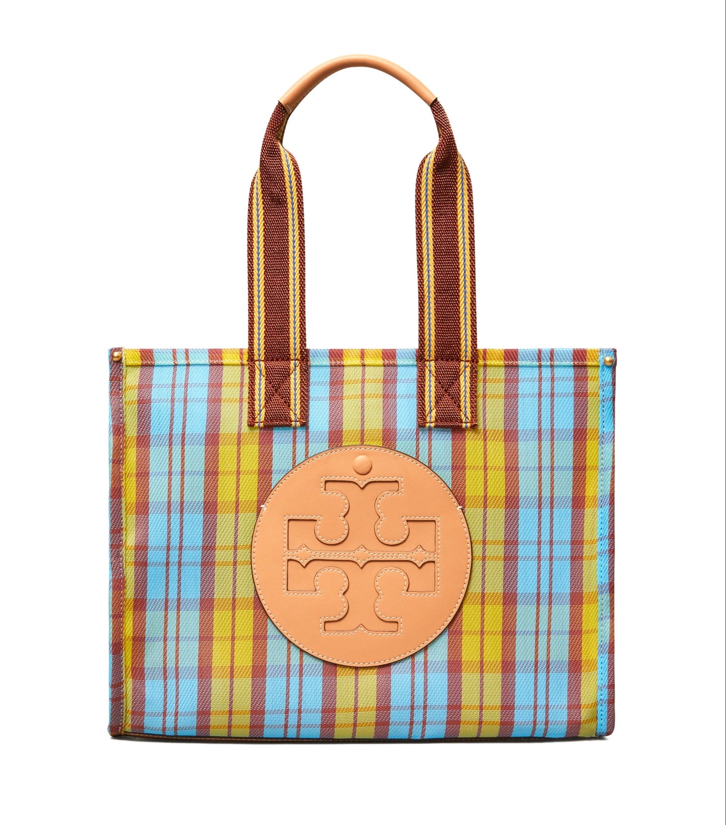 title:Tory Burch Yellow / Blue Mercado Plaid Ella Mesh Small Market Tote Bag;color:Yellow / Blue Mercado Plaid