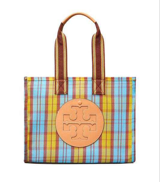 title:Tory Burch Yellow / Blue Mercado Plaid Ella Mesh Small Market Tote Bag;color:Yellow / Blue Mercado Plaid