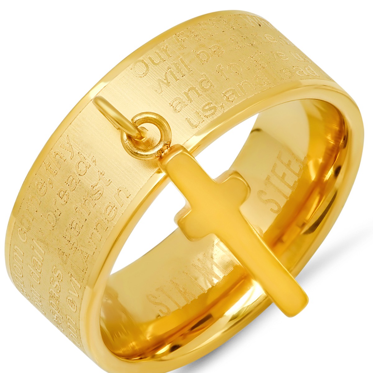 SteelTime SteelTime Women's Stainless Steel Our Father English Prayer Band Ring With Cross Charm