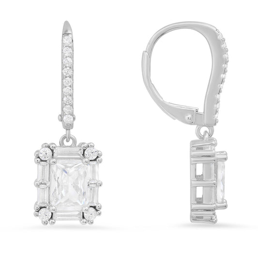 Sterling Silver Emerald-cut CZ Halo Leverback Earrings - Ruumur